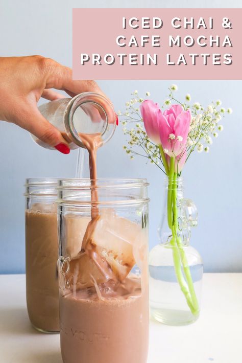 Iced Chai Protein Shake, Iced Chai Recipe, Protein Latte, Iced Mocha Coffee, Mocha Protein Shake, Protein Shake Recipe, Iced Coffee Protein Shake Recipe, Iced Coffee Protein Shake, Iced Chai Latte