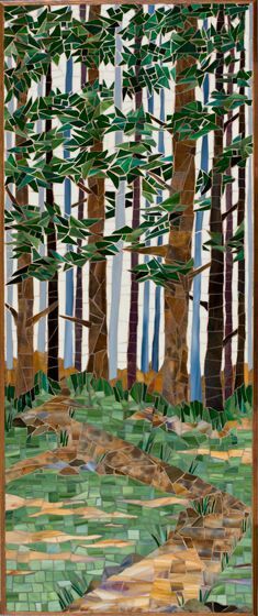 Stained glass mosaic Forest. Mosaic Forest Scene, Grass In Mosaic, Mosaic Art Ideas, Nature Mosaic, Mosaic Trees, Mosaic Landscape, Landscape Mosaic, Tree Mosaic, Trees Art