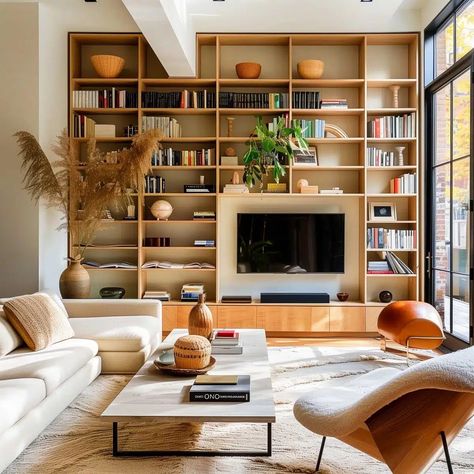 Bookshelves In Living Room With Tv, Bookshelves Living Room, Living Room With Tv, Room With Tv, Design Tips And Tricks, Wall Trends, Library Living Room, Bookshelves In Living Room, Home Library Design