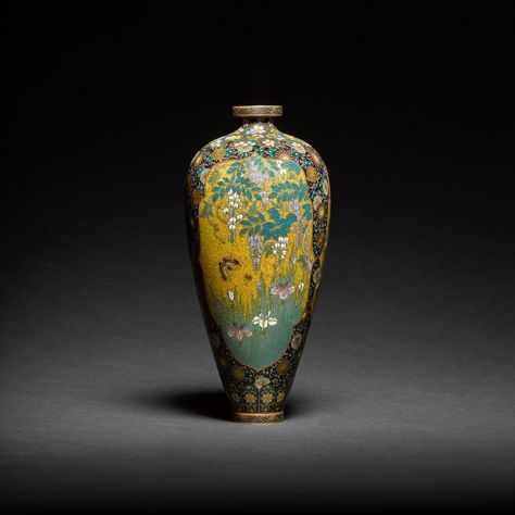 A cloisonné enamel vase | With signature on a silver tablet Kyoto Namikawa (workshop of Namikawa Yasuyuki, 1845-1927) | Meiji period, late 19th century | Masters of Enamel: The Collection of John and Muriel Okladek | Including Further Japanese Works of Art from the Meiji Period, 1868-1912 | 2021 | Sotheby's Namikawa Yasuyuki, Japanese Lacquer, Meiji Period, Japanese Words, Cloisonne Enamel, Plum Blossom, Black Mirror, Works Of Art, Black Enamel