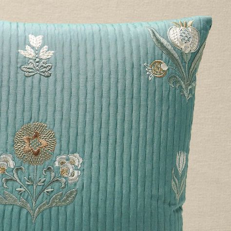 Elmslie Embroidery Pillow - Teal Pillows & Accessories | Schumacher Pillow Teal, Painting Antique Furniture, Teal Pillows, Embroidery Pillow, India Country, Bath Pillows, Hospitality Projects, Satin Stitch, Jacquard Weave