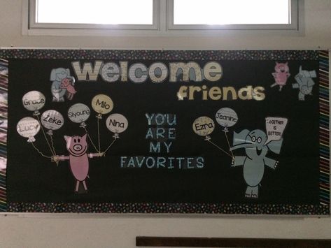 Welcome bulletin board {kindergarten} with Gerald and Piggie. Piggie And Gerald Bulletin Board, Elephant And Piggie Classroom Decor, Elephant And Piggie Bulletin Board, Bulletin Board Kindergarten, Gerald And Piggie, Kindergarten Door, Mo Willems Author Study, Welcome Bulletin Board, Piggie And Elephant