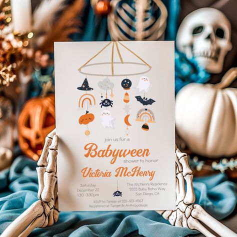 BabyWeen Halloween Ghost Mobile Baby Shower Invitation Halloween Baby Shower Invitations, Halloween Baby Shower Theme, Bat Pumpkin, Nursery Rainbow, Rainbow Clouds, Modern Halloween, Moon Witch