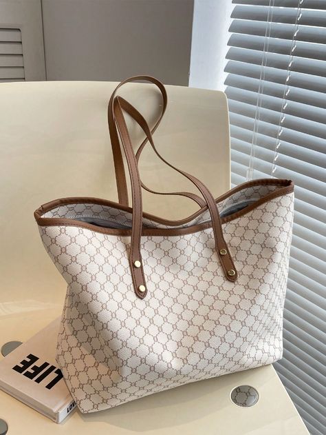 White  Collar  PU Leather Geometric,Plaid Shoulder Tote Bag Embellished   Women Bags Elegant Tote Bag, Work Tote Bags For Women, College Handbags, Purse For Teens, Sac Tote Bag, Beg Tangan, Luxury Tote Bags, Trendy Business Casual, Stylish Tote Bag