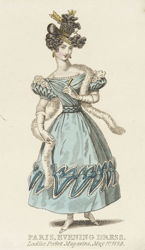 LACMA fashion Plate 1829 1837 Fashion, 1840 Fashion, Regency Hair, Early 19th Century Fashion, Paris Evening, 1800s Clothing, 1820s Fashion, 19th Century England, 1830s Fashion