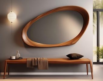 Big Wall Mirror, Mirror Mid Century Modern, Mirror Mid Century, Mid Century Modern Mirror, Asymmetrical Mirror, Mirror For Living Room, Walnut Mirror, Big Wall Mirrors, Irregular Mirror