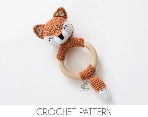 CROCHET PATTERN Lucy the Fox Crochet Amigurumi Rattle Teether | Etsy New Zealand Fuchs Baby, Crochet Rattles, Wooden Baby Rattle, Amigurumi Gift, Crochet Nursery Decor, Fox Crochet, Wooden Teething Ring, Crochet Products, Crochet Nursery