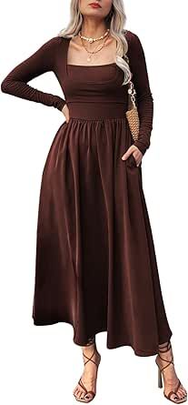 Mieazom Women's Long Sleeve Maxi Dress 2024 Fall Square Neck Knit Casual Slim Swing Tank Long Dresses with Pockets Flowy Long Dress, Fall Crewneck, Flowy Dress Long, Dresses With Pockets, Dress 2024, Long Sleeve Casual Dress, Womens Crewneck, Sleeve Maxi Dress, Long Sleeve Maxi