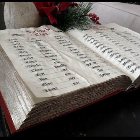 SANTA'S LIST - Who's on the naughty & nice list?  Turn an old book into Santa's List using mod podge & paint. Christmas Grotto Ideas, Santa Nice List, Office Themed Party, Santa House, Santa's List, Christmas Decorations Diy Crafts, Santa's Nice List, Santa List, Diy Santa