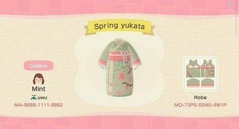 Animal Crossing: New Horizons Yukata designed by @mintdesignsacnh on instagram Qr Code Animal Crossing, Clothing Codes, Acnh Clothes, Ac New Leaf, Animal Crossing Memes, Animal Crossing Guide, Acnh Designs, Animal Crossing Qr Codes Clothes, Animal Crossing Wild World