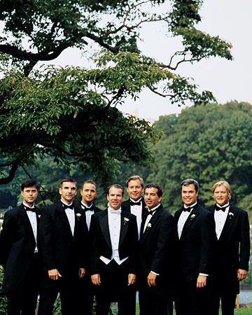 Handsome in all white, with his friends in black tie. Black Tux White Bow Tie, White Bow Tie Groom, White Tie Groom, Black Bridal Party Attire, Dr Wedding, White Tie Wedding, Black Bridal Party, Collection Moodboard, Boutineer Wedding