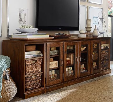 PRINTER'S LONG LOW MEDIA SUITE 96" w x 20" d x 30" h in Tuscan Chestnut or Artisanal Black. Pottery Barn Low Bookcase, Entertainment Center Kitchen, Muebles Living, Media Stand, Entertainment Console, Diy Entertainment Center, Media Cabinet, Entertainment Room, Media Console