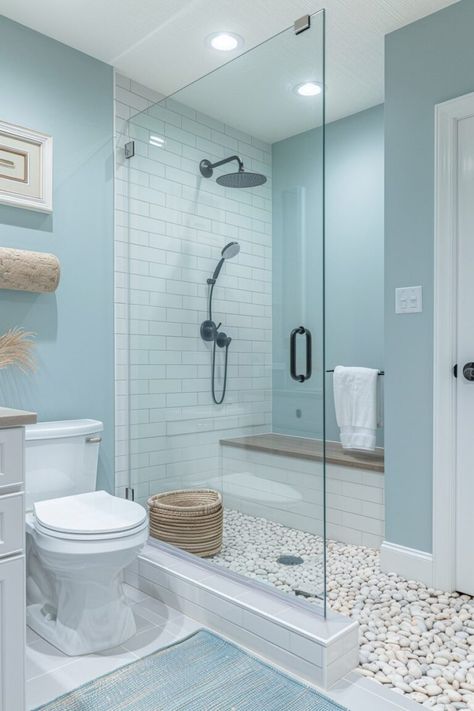 13 Light Blue Bathroom Interior Ideas For Your Inspiration! - My Decor Inspo Light Blue Tile Bathroom, Cozy Vanity, Blue Shower Tile Ideas, Blue Small Bathrooms, Glass Bathroom Wall, Vanity Nook, Light Blue Tile, Blue Kitchen Interior, Bathroom Dream