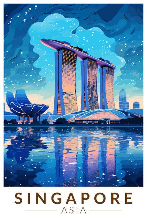 Vintage-style poster showcasing the iconic Marina Bay Sands in the Singapore skyline, perfect for adding city charm to your decor Vintage Singapore Poster, Vacation Illustration Art, Singapore Drawing, Singapore Illustration, Singapore Wallpaper, Singapore Painting, Singapore Landscape, Singapore Aesthetic, Singapore Poster