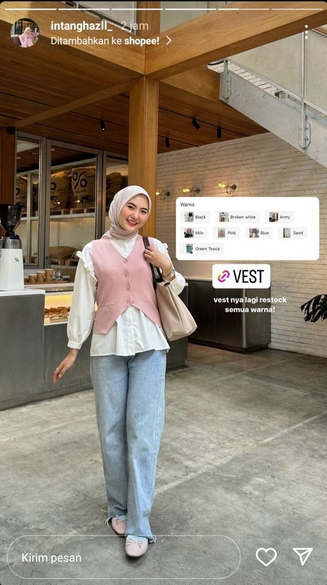 Pink Vest Outfit, Outfit With Vest, Ootd Cardigan, Mix And Match Outfits Hijab, Outfit Outer, Outfit Vest, Outfit Ngampus, Pink Hijab, Stylish Outfits Casual