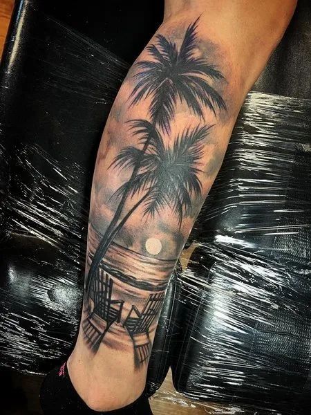 Tree Leg Tattoo. Tree Tattoos For Men, Tree Leg Tattoo, Beach Theme Tattoos, Palm Tree Tattoos, Tree Sleeve Tattoo, Beachy Tattoos, Tree Tattoo Forearm, Tree Tattoo Men, Florida Tattoos