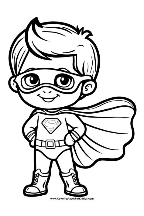 Superhero boy coloring page for kids wearing a cape and mask, standing confidently. Boy Coloring Pages For Kids, Boy Coloring Sheets, Coloring Sheets For Boys, Boy Coloring Pages, Cute Coloring Sheets, Free Planner Pages, Arts For Kids, Dream Illustration, Boys Coloring Pages