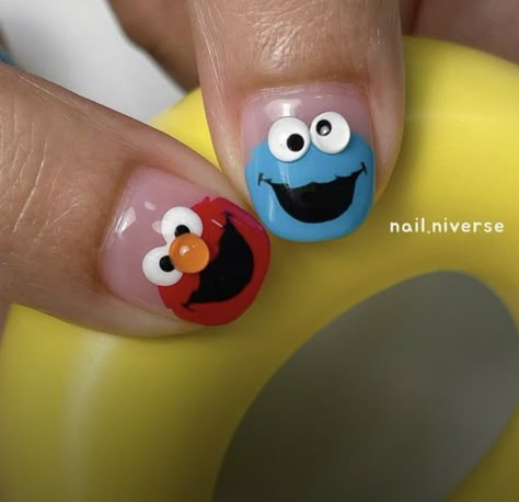 Elmo Nails Design, Cute Animal Nails, Sesame Street Nails, Elmo Nails, Movie Nail Art, Cookie Monster Nails, Lace Nail Design, Disney Inspired Nails, April Nails