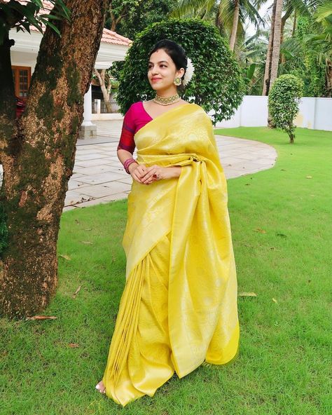 Yellow Sari For Haldi Function, Saree Outfit, Saree Pose, Onam Saree, Elegant Sarees, Plain Yellow, Saree Jackets, Saree Blouse Styles, Haldi Outfit