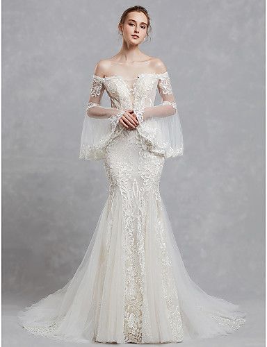 Mermaid / Trumpet Off Shoulder Court Train Lace / Tulle Made-To-Measure Wedding Dresses with Appliques / Lace by LAN TING BRIDE® Illusion Sleeve Wedding Dress, Wedding Dresses Off Shoulder, Mermaid Trumpet Wedding Dresses, Dresses Off Shoulder, Western Wedding Dresses, Cheap Wedding Dresses Online, Romantic Boho, Trumpet Wedding Dress, Wedding Boho