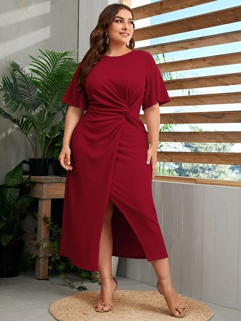 SHEIN Plus Flutter Sleeve Twist Detail Wrap Hem Dress | SHEIN USA Nautical Chic, Plus Size Cocktail Dresses, Coachella Dress, Wedding Guest Outfit Summer, Colored Wedding Dresses, Plus Size Wedding, Vestido Casual, Trendy Fashion Women, Hem Dress