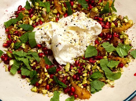 Burrata with burnt orange, pistachio and pomegranate Orange Pistachio, Pistachio, Avocado Toast, Pomegranate, Burnt Orange, Christmas Food, Nuts, For Everyone, Avocado