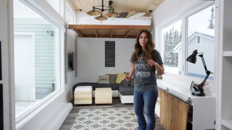 Anna White's Open Concept Modern Tiny House with Elevator Bed Diy Elevator, Elevator Bed, Roll Out Bed, Tiny House Cottage, Tiny House Talk, Tiny House Storage, Transforming Furniture, House Design Ideas, Small Cottages