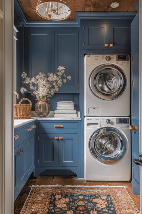 Full Size Stackable Washer And Dryer Room Ideas, Small Pantry And Laundry Room, Pantry Laundry Room Combo Small Spaces, Dark Blue Laundry Room, Mini Laundry Room Ideas, Tiny Laundry Area, Laundry Room Mud Room Combo, Laundry Room Combo Ideas, Victorian Laundry Room