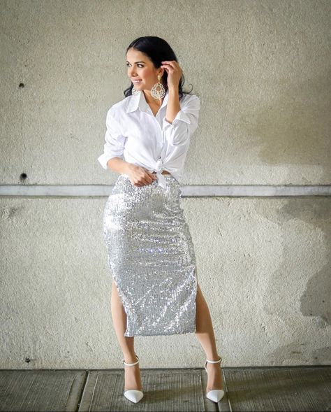 Satin Shirt With Sequin Skirt, Sequin Skirt White Button Down, Silver Skirt Outfit Party, Silver Sequin Midi Skirt Outfit, White Sequin Skirt Outfit, Sequin Blouse Outfit, White And Silver Outfit, Sequin Midi Skirt Outfit, Silver Sequin Skirt Outfit