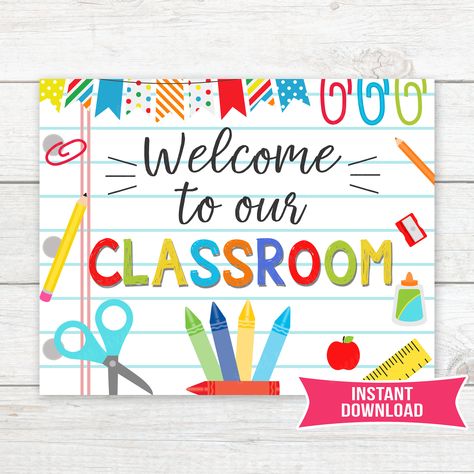 Welcome to Our Classroom Sign First Day of School Sign Classroom Decor White Print Welcome to Our Classroom Printable sign INSTANT DOWNLOAD by SweetPixelPrints on Etsy First Day Of 5th Grade Sign, Classroom Signs Printable, 1st Day Of School Sign, Daycare Signs, Scrapbook School, First Day Of School Sign, Classroom Signs, 1st Day Of School, School Signs