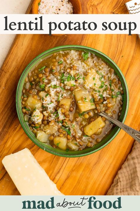 This Lentil Potato Soup is the perfect make ahead lunch option. It is plant based, comforting, loaded with flavor and super filling. Vegan Lentil Potato Soup, Lentil Potato Soup Crockpot, Lentil Potato Soup Instant Pot, Lentil And Potato Recipes, Canned Lentil Soup, Lentils And Potato Recipe, Lentil Soup With Potatoes, Lentil And Potato Soup, Lentils And Potatoes