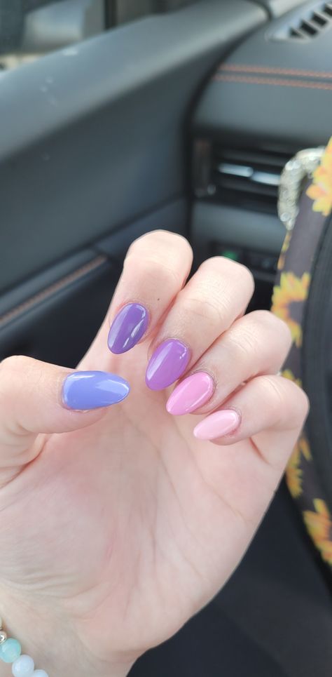 purple & pink aestethic gradient acrylic gel nails, ombre purple, blue, pink gel nails, dip nails, almond shaped nails, short nails Pink Purple Summer Nails, Pink Purple Pastel Nails, Nails Pink Purple Blue, Multi Colored Purple Nails, Gradient Short Nails, Purple Nails Gradient, Almond Shaped Dip Nails, Pink And Blue Gradient Nails, Light Pink And Purple Nails