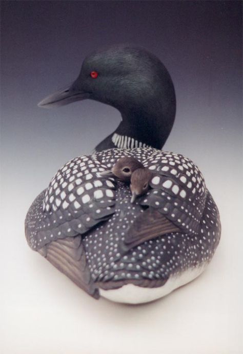 Wildfowl Design- The Carvings of Dennis Schroeder: Decorative Loon with Chicks Loon Decor, Duck Hunting Decals, Moon Moodboard, Bird Carving Patterns, Hunting Decal, Carved Wooden Animals, Common Loon, Decoy Carving, Carved Wooden Birds