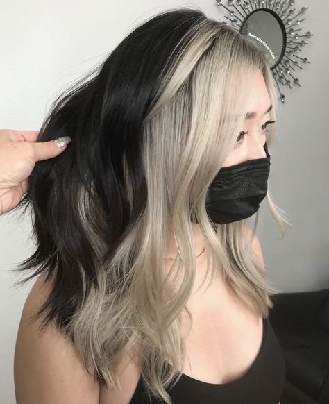 15 Creative Two Toned Hair Color Trends for 2024 Black Blonde Underneath, Black Hair With Grey Front Pieces, Two Toned Hair Underneath, Two Toned Hair Color Ideas, Black And Platinum Hair, Two Toned Hair Color, Blonde To Black Hair, Black And Blonde Hair Ideas, Two Tone Hairstyle