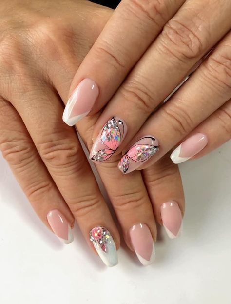 #French #nails #butterfly #pink Short French Nails Butterfly, Floral Butterfly Nails, Butterfly Manicure, Butterfly Pedicure, Pink Nails Butterflies, French Manicure With Butterflies, Pink Nails With Gold Butterflies, Pink Butterfly And Flower Nails, Short French Nails