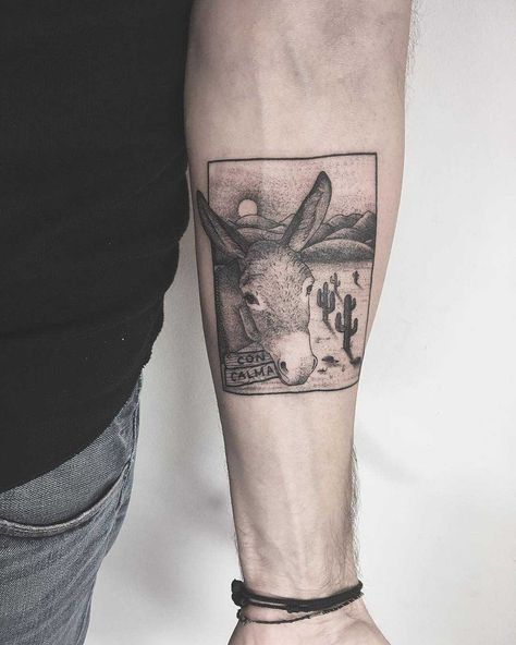 Donkey tattoo inked on the left forearm by tattooist Spence @zz tattoo Monkey Tattoos, Cute Donkey, Medusa Tattoo, Snake Tattoo, Picture Tattoos, Animal Tattoos, Ink Tattoo, Triangle Tattoo, Geometric Tattoo