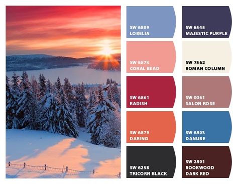 Sunset over Norway Inspiration for exterior home color palette and landscape planting colors. Chip It! by Sherwin-Williams – Home Norway Color Palette, Rookwood Dark Red, Umbrella Branding, Purple Starry Night, Savannah Desert, Art On Procreate, Coral Paint Colors, Color Palette Sherwin Williams, Blue Lobelia