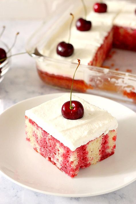 Cherry Poke Cake Recipe - fluffy vanilla cake with dark cherry jello, topped with whipped cream topping and fresh sweet cherries. www.crunchycreamysweet.com 13x9 Desserts, Cherry Poke Cake, Chocolate Cherry Ice Cream, Chocolate Cheesecake Brownies, Entertainment Recipes, Poke Cake Recipe, Dump Cakes, Jello Desserts, Peanut Butter Oatmeal Cookies