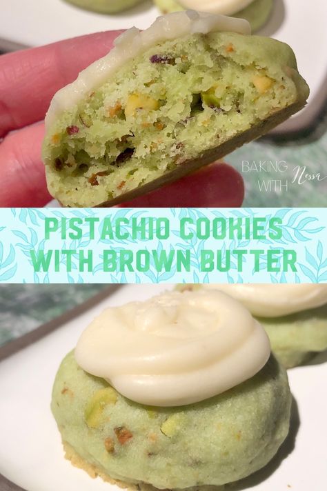 Sally's Pistachios Cookies taste so Amazingly good. They are made with real pistachios and don't get me started on the brown butter icing! Cookies With Brown Butter, Brown Butter Icing, Pistachio Dessert, Christmas Cookie Recipes Holiday, Brown Butter Cookies, Pistachio Recipes, Pistachio Butter, Pistachio Cookies, Sally's Baking