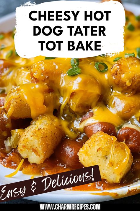 Chicken Bacon Tator Tot Casserole, Hot Dog Sheet Pan Dinner, Tater Tot Chili Dog Casserole, Things To Make With Tater Tots, Hot Dog Casserole Recipes Easy Dinners, Tator Tot Recipes Dinners, Hot Dog Dishes, Dinner Ideas With Hot Dogs, Hot Dog Recipes Easy