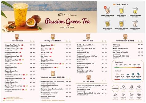 Koi Menu Singapore Bubble Tea Toppings, Milk Tea Menu, Boba Menu Design, Bubble Tea Menu Design, Boba Menu, Menu Drink Design, Bubble Tea Menu, Menu Design Layout, Peach Green Tea