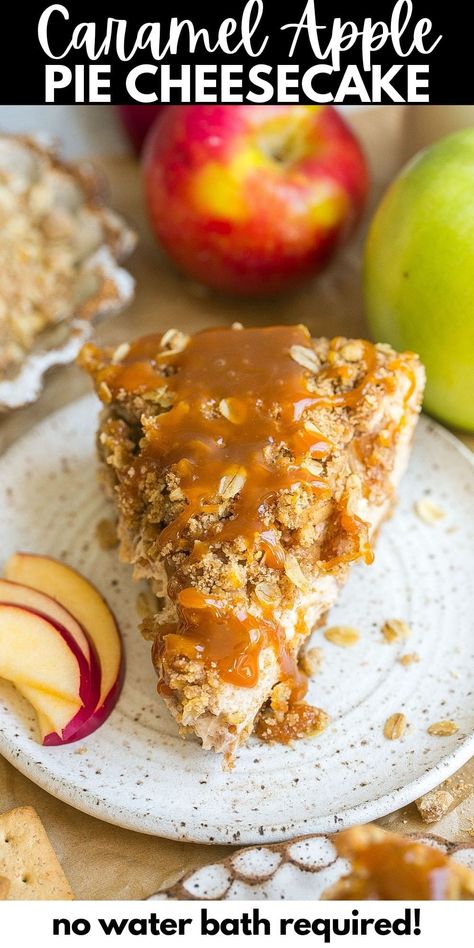 This Apple Pie Cheesecake makes a perfect dessert for Fall and winter! Made with a buttery graham cracker crust, creamy cheesecake filling and then layered with a homemade apple pie filling and a sweet streusel topping! We drizzle the cheesecake with caramel sauce on top to make this extra rich and decadent! Caramel Apple Cheesecake Pie, Apple Pie Cheesecake Bites, Cheesecake With Caramel Sauce, Green Cheesecake, Apple Pie Cheesecake Bars, Apple Cheesecake Recipes, Dessert For Fall, Apple Pie Cheesecake, Salted Caramel Apple Pie