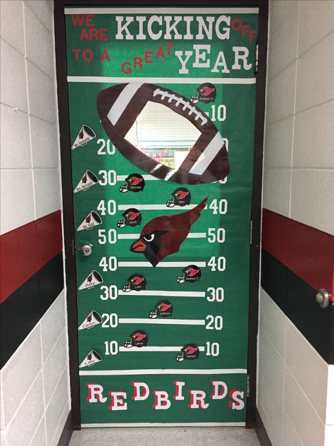 Football theme classroom door design Football Classroom Door Ideas, Sports Door Decorations Classroom, Sports Classroom Door, Football Door Decorations Classroom, Football Classroom Door, Classroom Door Design, Teacher Door Decorations, Sports Classroom, School Spirit Week