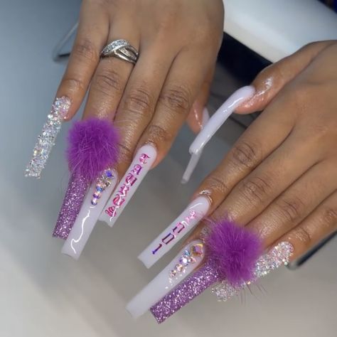 X Long Acrylic Nails, Long Acrylic Nails With Puff Ball, Acrylic Nails With Pom Pom, Pompom Nails, Zodiac Sign Nails, Baddie Birthday Nails Long, Exotic Birthday Nails, Taurus Nails, Birthday Nail Designs