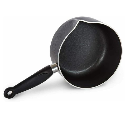 Non Stick Milk Pan With Pouring Lip Aluminium Milk Pan Non-Stick Deep Milk Pot Water Boiling Saucepan Tea Coffee Pan, Black • A milk pan with a high-quality non-stick surface coating perfect for general boiling, simmering, cooking or warming up food needs. Featuring an pouring lip and stay cool handle is this 3mm aluminium milk pan with a smooth metallic grey exterior finish, ideal to warm up or boil milk, tea, coffee, soup or even sauces! • This Non Stick Milk Pan is available in 3 DIFFERENT CA Indian House Exterior Design, Coffee Soup, Kitchen Pans, Milk Pan, Water Boiling, Milk Pot, Grey Exterior, Indian Homes, Hot Plate