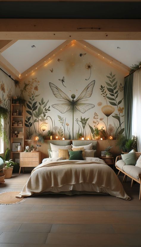 Forest Themed Room Aesthetic, Green Woodland Bedroom, Meadow Themed Bedroom, Fairy House Inspiration, Fairyland Bedroom Ideas, Enchanted Forest Furniture, Elven Core Aesthetic, Green Fairy Bedroom Aesthetic, Dragonfly Room Decor