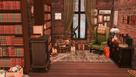 Sims Reading Nook, Sims 4 Cc Book Nook, Sims 4 Reading Nook, Sims 4 Book Nook, Ts4 Interior, Book Lovers Bedroom, Autumn Room, Base Building, Sims Builds