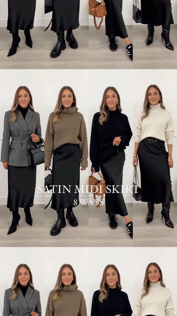 Satin Midi Skirt With Boots, Black Satin Midi Skirt Outfit Winter, Satin Midi Skirt Outfits Winter, Black Satin Midi Skirt Outfit, Midi Satin Skirt Outfit, Midi Skirt With Boots, Satin Skirt Outfit Winter, Satin Midi Skirt Outfits, Satin Midi Skirt Outfit