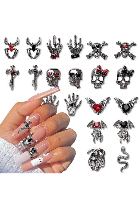 20Pcs Halloween Nail Charms 3D Red Black Silver Nail Charm Nail Art Rhinestones Skeleton Hand Skull Nail Jewelry Gems Shiny Crystal Designs Gothic Nail Charm Nail Supplies for Women DIY Acrylic Nails Goth Nails With Charms, Goth Nails Charms, Hand Skull, Black Hello Kitty Nail Charms, Black Silver Nails, Nails Boho, Charm Nail, Gothic Nail Charms, Rose Nail Charm