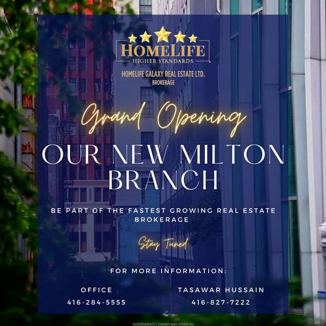 WE are coming to Milton soon! Interested in joining the fastest-growing real estate brokerage? Contact us today @ 416-284-5555 or Tasawar Hussain @ 416-827-7222 Keep posted for more details and exciting news about the Grand Opening of our Milton Branch! #homelifegalaxy #homelife #joinus #newbranch #milton #realestateinmilton #bestbrokerageinmilton #miltonbrokerage Real Estate Post, We Are Coming, Opening Soon, Exciting News, Fast Growing, Grand Opening, Real Estate Brokerage, Chalkboard Quote Art, Real Estate